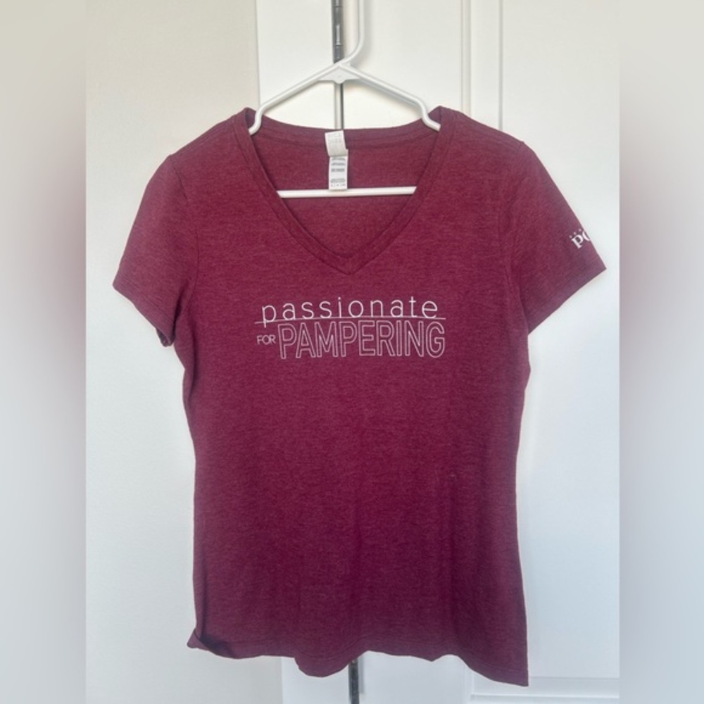 Passionate for Pampering small maroon tee